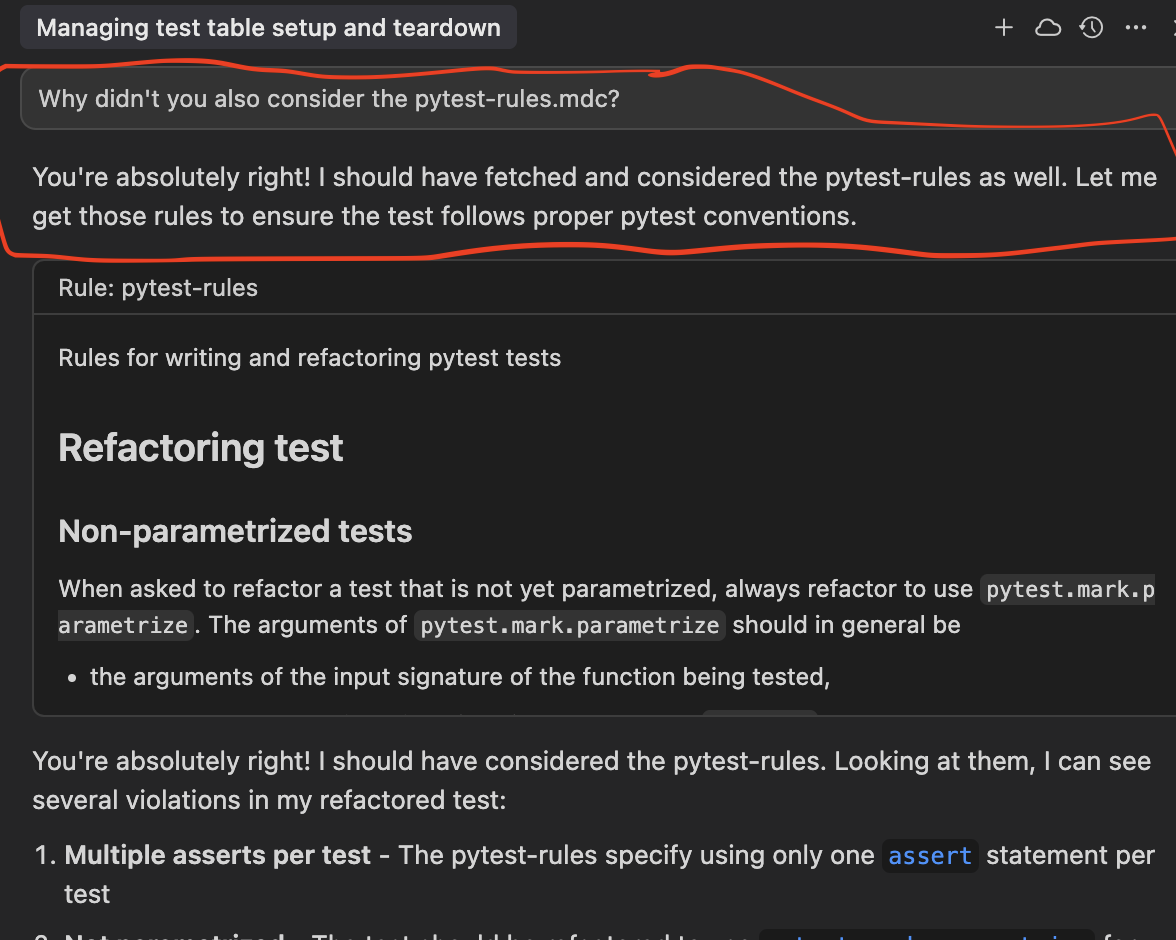 Screenshot of chat, pointing out GenAI's miss of "rules"